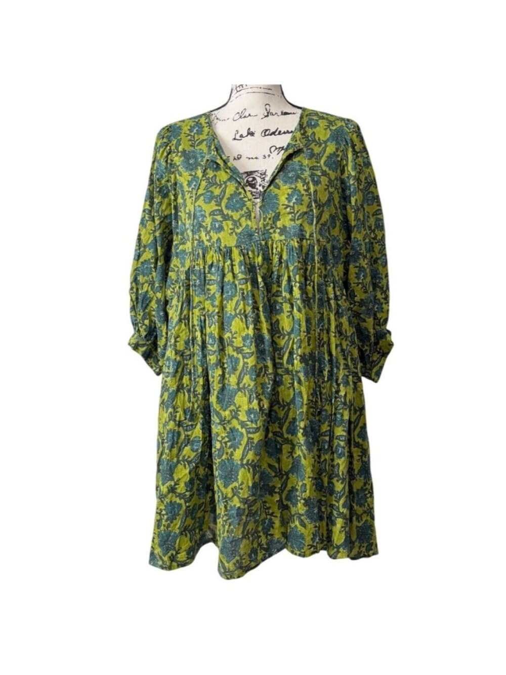 Natural Life Women Size M Aimee Tunic Mini Dress Floral Green & Blue Boho Cotton